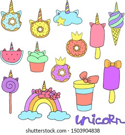 Set of unicorn sweets and decorations for the holiday in light pastel colors with black contour. Drawn by hand for kids design