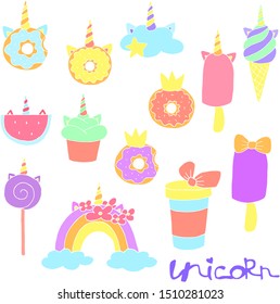 Set of unicorn sweets and decorations for the holiday in light pastel colors. Drawn by hand for kids design.
