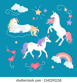 Set of unicorn theme illustrations. Three unicorns and cute items. Stars, hearts, clouds, rainbow