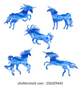 Set of unicorn vector blue watercolor silhouettes