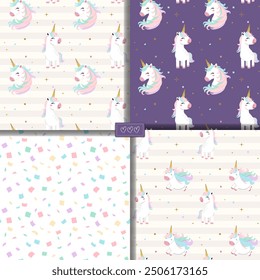 Set of unicorn wallpapers. Seamless patterns with unicorns, gold horn. Gentle backgrounds in pastel colors.