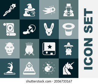 Set Unicorn, Wizard warlock, Magic hat, Fireball, Psilocybin mushroom, scroll, staff and Rabbit with ears icon. Vector