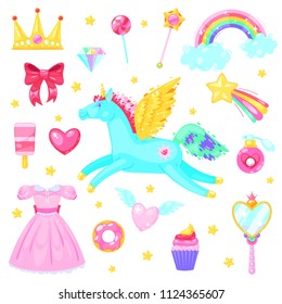 Set with unicorn,hearts,dress,candy, clouds, rainbow, and others elements on white background.