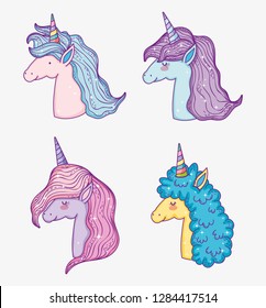 set unicorns animals with horn and mane