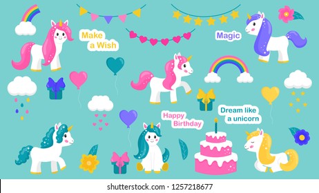 Set of unicorns, birthday party and elements. Cute rainbow, clouds, gifts, birthday cake. Decoration for the nursery. Vector illustration.