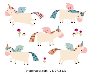 Set of unicorns. Cartoon magic creature icons for kids