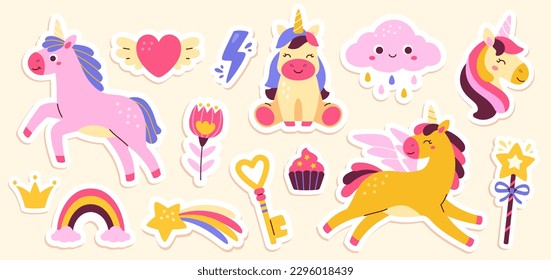 Set of unicorns. Collection of stickers for social networks. Rainbow, heart and cloud, magic wand with star. Crown, key and cupcake. Cartoon flat vector illustrations isolated on yellow background