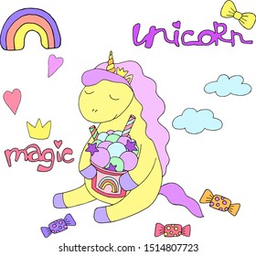 Set of unicorns and cute ornaments in light pastel colors. Drawn by hand for kids design.
