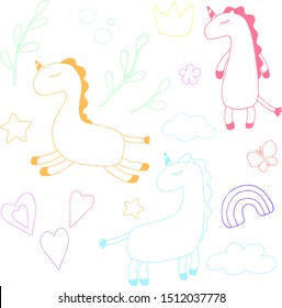 Set of unicorns and cute ornaments like contour. Drawn by hand for kids design
