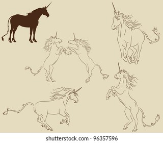 Set of unicorns in different active poses