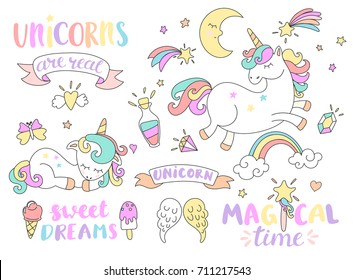 Set of unicorns and different fairy tales elements with some lettering. Vector illustration.