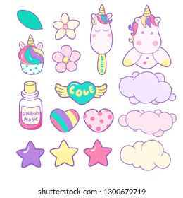 Set unicorns and different magic elements. Vector illustration.