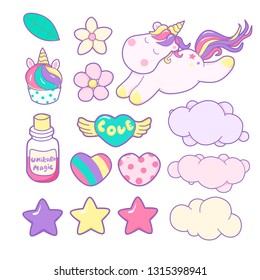 Set unicorns and different magic elements. Vector illustration.