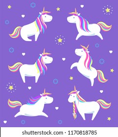 Set of unicorns in different poses from legend, mysterious horse. Fairy tales pattern with hearts and dots. Childish animal character, rainbow mane vector