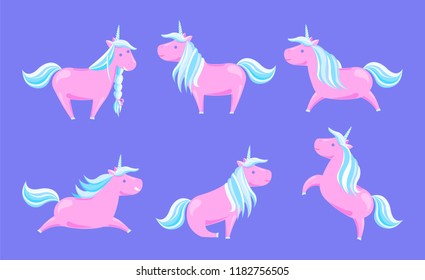 Set of unicorns in different poses vector isolated. Cartoon horses fairy tale and legend creatures with horn. Childish animal character, rainbow mane vector