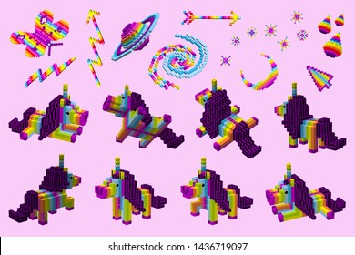 A set of unicorns, different positions in the rainbow space. Galaxy stars constellation,Saturn lightning, arrows and butterfly.3D cubes,pixel art,digital purple rose game style. Vector for animation