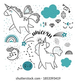 Set with unicorns in Doodle style. Moon with stars, clouds, diamonds and rainbows. Girly cute illustration in vector