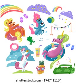 Set of Unicorns and fantastic elements for design, posters, wallpapers,  children's books, games. Vector isolated illustrations. 