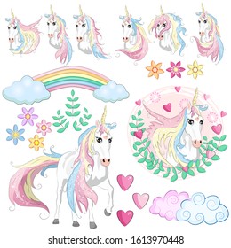 Set with unicorns, flowers, leaves, hearts, rainbow and other elements for girls