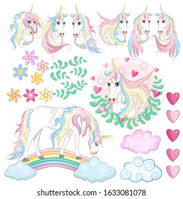 Set Unicorns Flowers Leaves Hearts Rainbow Stock Vector (Royalty Free ...