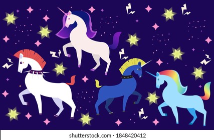 Set of unicorns horses on dark background with stars. Idea for t-shirt. Editable vector illustration