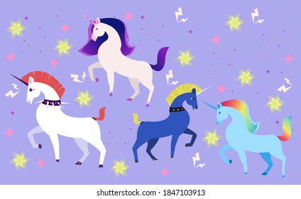 Set of unicorns horses on purple background with stars. Idea for t-shirt. Editable vector illustration