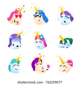 Set of unicorns isolated on white background. Funny unicorns emoji in cartoon style. Vector illustration.