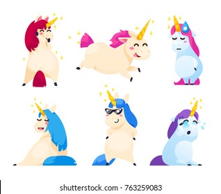 Set of unicorns isolated on white background. Funny unicorns emoji in cartoon style. Vector illustration.