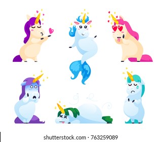 Set of unicorns isolated on white background. Funny unicorns emoji in cartoon style. Vector illustration.