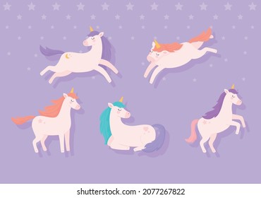 set of unicorns magic and fantasy