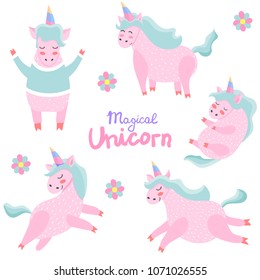 A set of unicorns. Magical. Really. Pink. Children's, for printing on cards and prints on clothes.