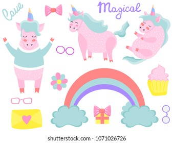 A set of unicorns. Magical. Really. Pink. Children's, for printing on cards and prints on clothes.