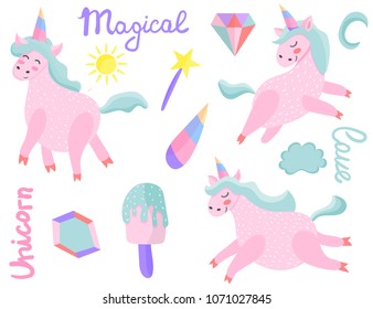 A set of unicorns. Magical. Really. Pink. Children's, for printing on cards and prints on clothes.