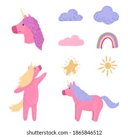 Set unicorns on white background. Cartoon cute character unicorn, rainbow , sun, star, cloud in doodle vector illustration.