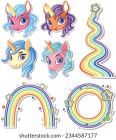 Set of unicorns with rainbow elements illustration