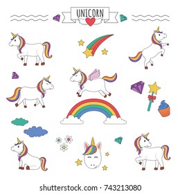 Set of Unicorns with rainbow, stars, diamond and other elements. Isolated on white background
