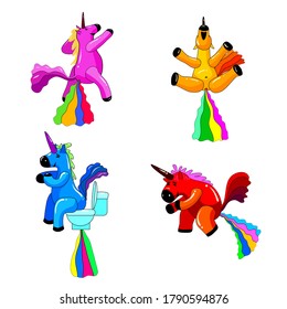 Poner a los unicornios sonriendo haciendo un arco iris, fantasía, lindo personaje bestia de colores basura turd. Ilustración vectorial estilo de dibujos animados aislados