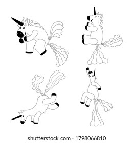 Set Unicorns smiling pooping a rainbow, fantasy cute character beast multicolored shit turd, lineart. Vector illustration isolated doodle style