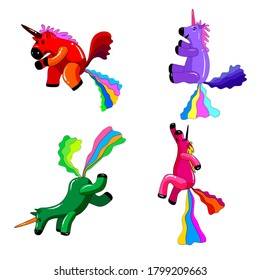 Set Unicorns smiling pooping a rainbow, fantasy cute character beast multicolored shit turd. Vector illustration isolated cartoon style