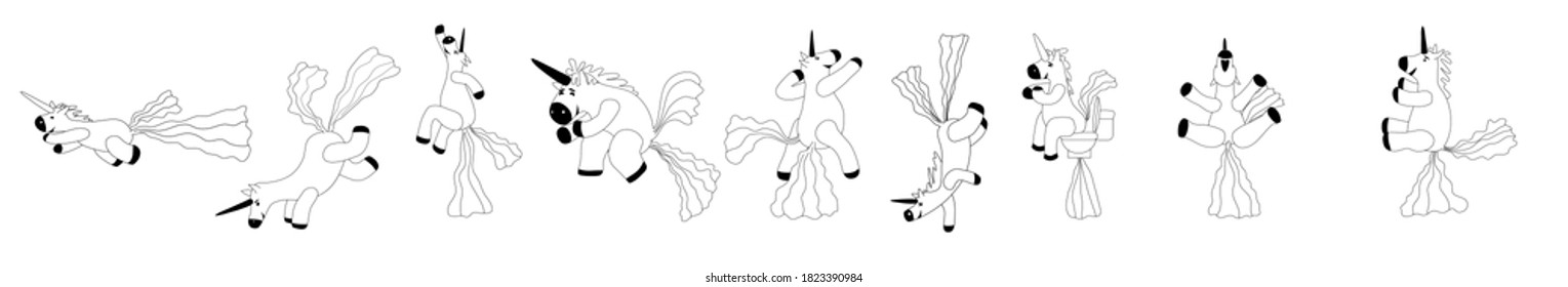 Set Unicorns smiling pooping a rainbow, fantasy cute character beast multicolored shit turd, lineart. Vector illustration isolated doodle style