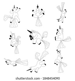 Set Unicorns smiling pooping a rainbow, fantasy cute character beast multicolored shit turd, lineart. Vector illustration isolated doodle style