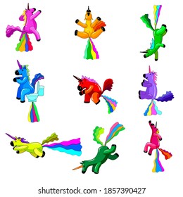 Set Unicorns smiling pooping a rainbow, fantasy cute character beast multicolored shit turd. Vector illustration isolated cartoon style