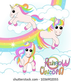 set of unicorns. three small unicorns with iridescent hair against the sky with a rainbow and white clouds