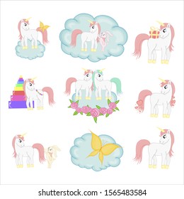 Set with unicorns for Valentine's Day or invitation design. Cartoon style.