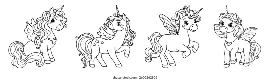 Set of unicorns with wings. Linear black and white illustration.