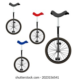 Set of unicycle bike with black, red, blue sit coloured with and without stroke outline