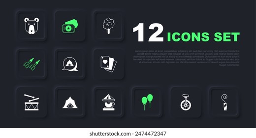 Set Unicycle, Birthday party horn, Circus tent, Balloons with ribbon, Dart arrow, ticket and Attraction carousel icon. Vector