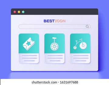 Set Unicycle or one wheel bicycle, Ticket and Vintage bicycle with one big wheel and one small icon. Vector