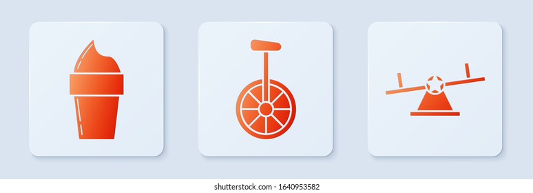 Set Unicycle or one wheel bicycle, Ice cream in waffle cone and Seesaw. White square button. Vector