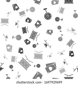 Set Unicycle or one wheel bicycle, Playing card, Seesaw and Drum with drum sticks on seamless pattern. Vector